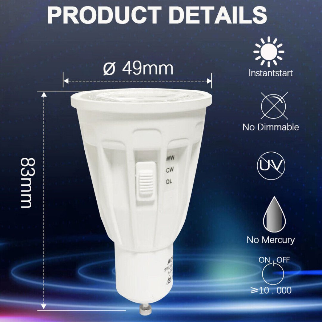 9W = 70W LED Tri-Colour Long Body GU10 Globe-GU10